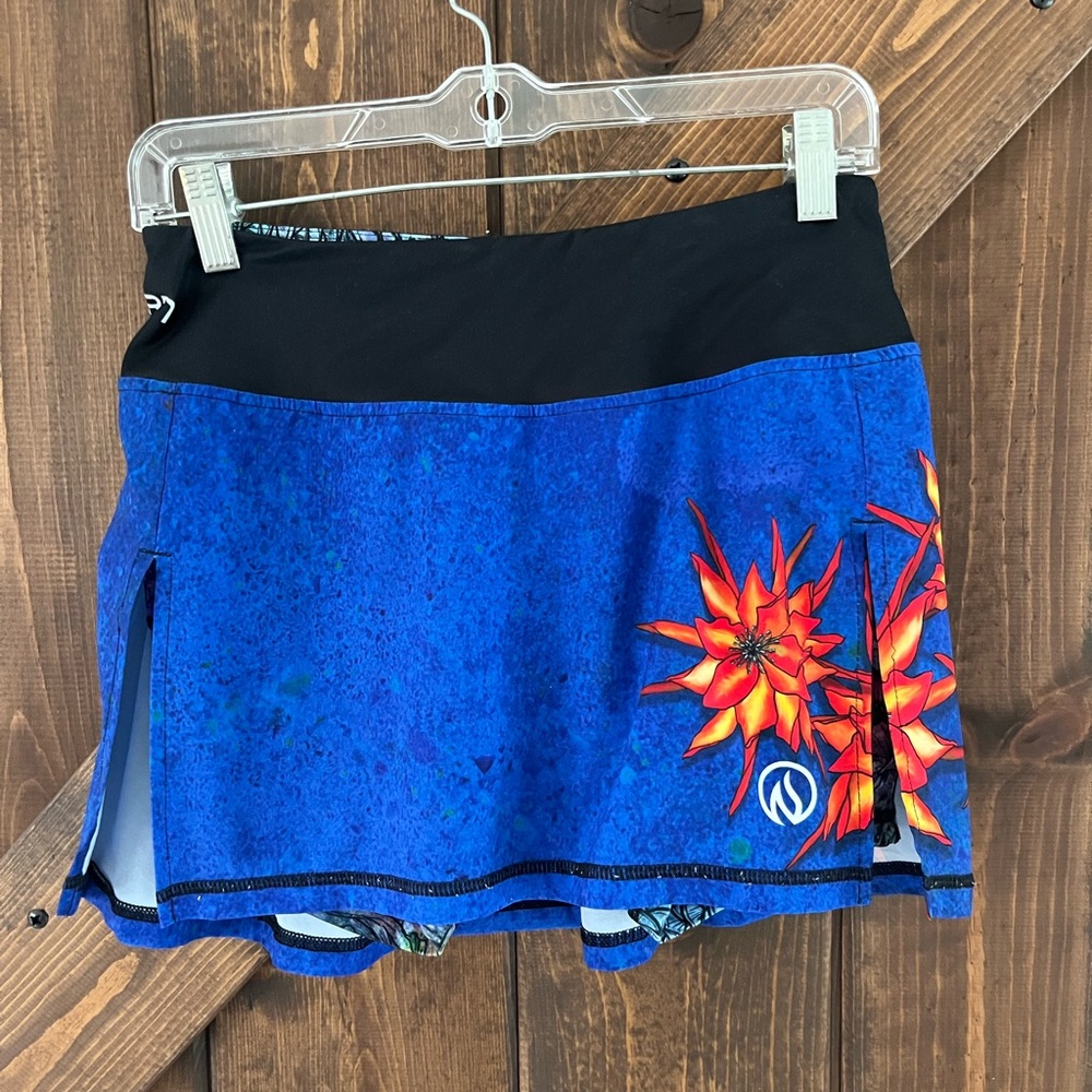 INKnBURN Blue Athletic Skort with Orange Floral Accent